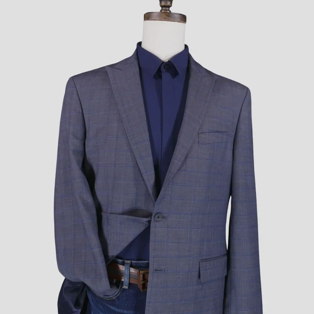 Jos A Bank Traveler Sport Coat Blazer Men 42L Tailored Blue Plaid Wool Blend